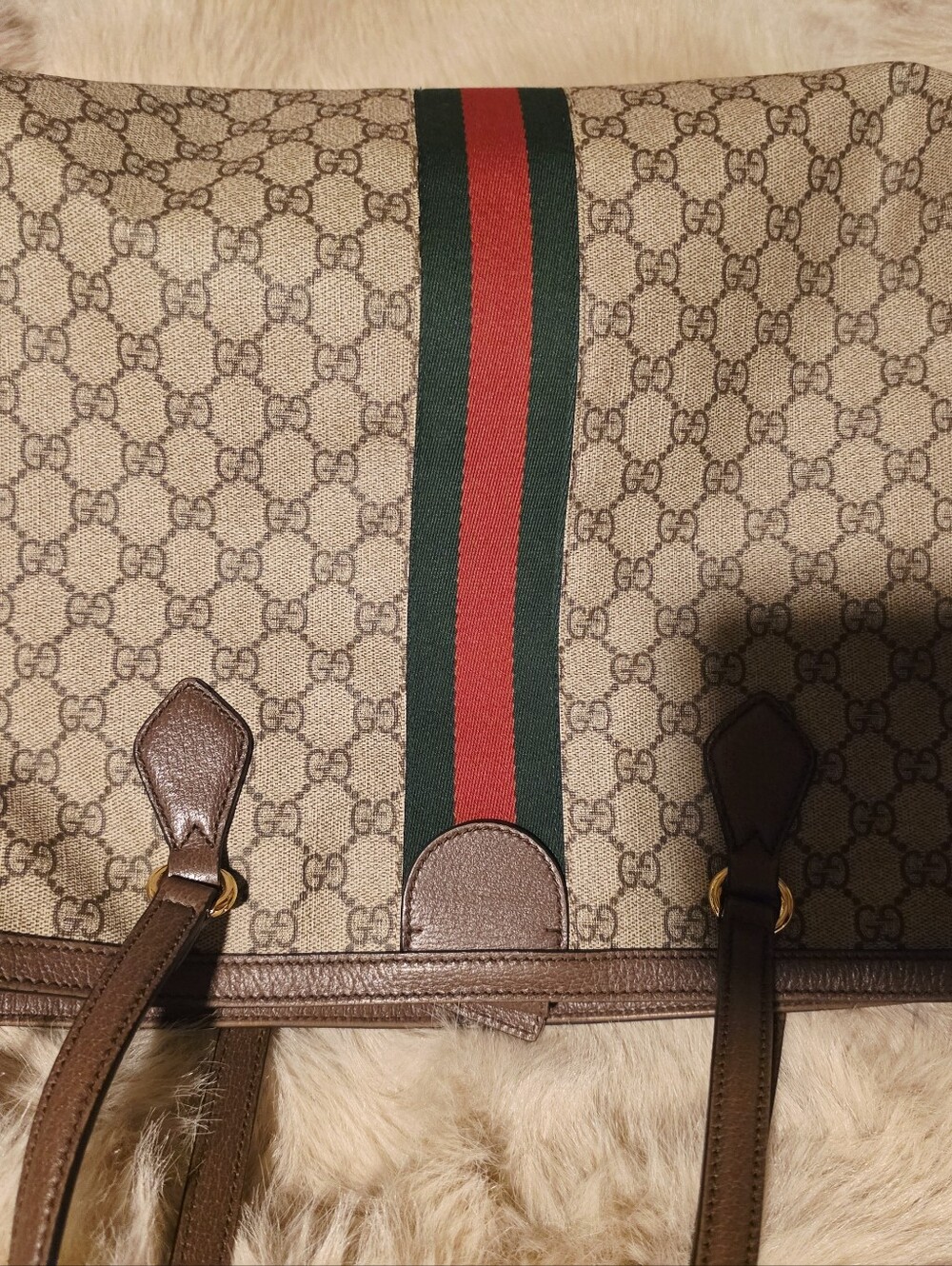 Gucci Ophidia Beige GG Canvas Tote with Brown Trim and Green-Red Web - Picture 4 of 16